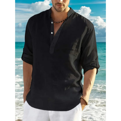 Men'sshirt Classic Casual Stand-up Collar Long-sleeved V-neck Shirt Sleeve Split-sleeved Light Breathable Beach Vacation T-shirt