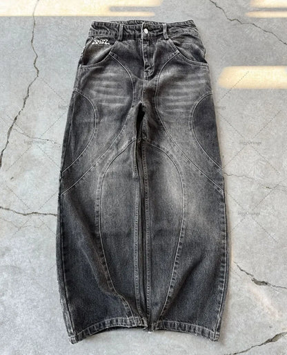 Men Straight Jean Denim Pants Jeans Ankle Length Pant Pockets Washed High Street Loose Spliced Distressed Zipper Fly Vintage