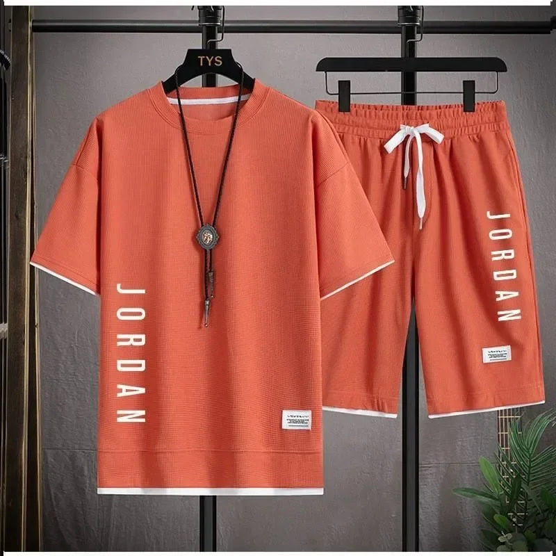 Leisure sports suit men's new summer fashion outdoor basketball jogging men's round neck short-sleeved T-shirt shorts 2 sets