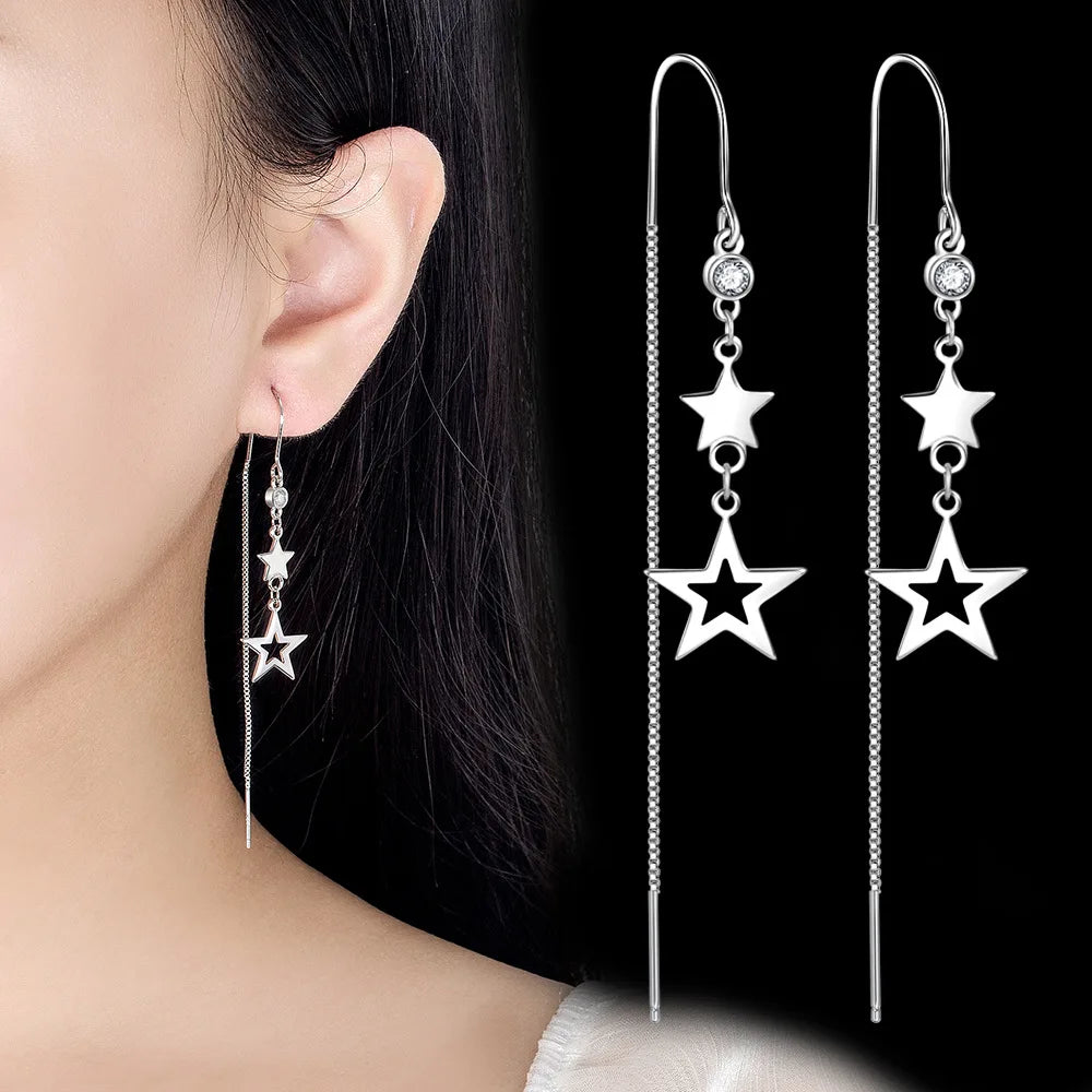 Real 925 Sterling Silver Star Pendant Necklace Crystal Long Chain Drop Earrings Jewelry Sets For Women Trendy FQL23064
