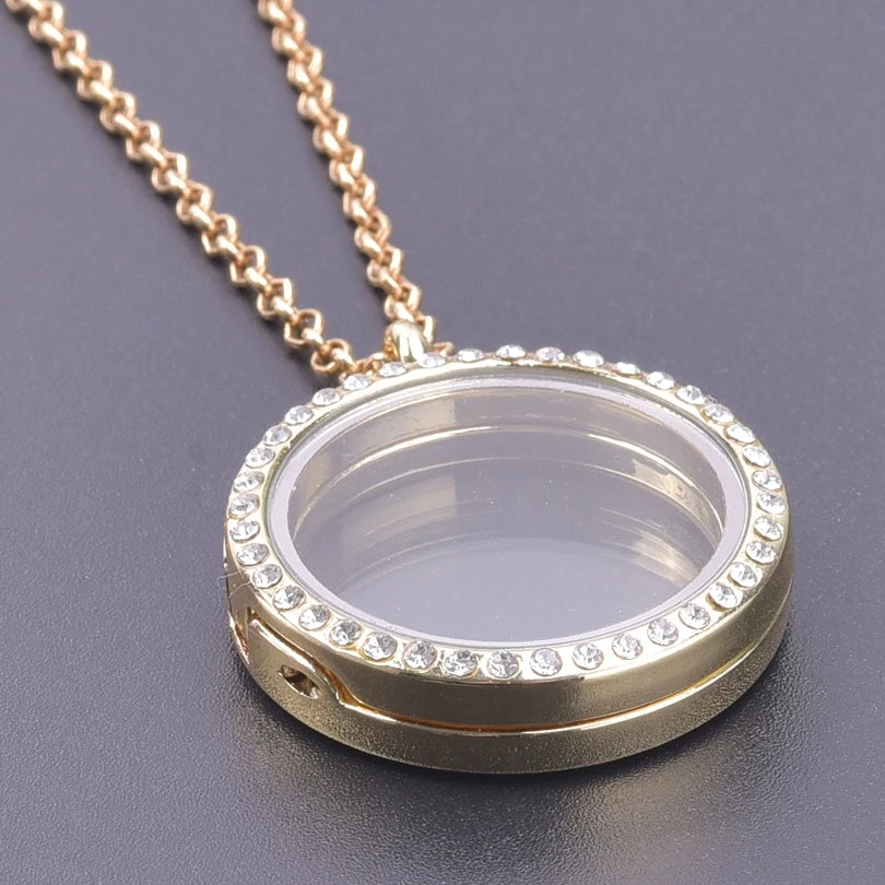 Glass Metal Gold Color Heart Round Water Drop Relicario Photo Locket Necklace Rhinestone Floating Charm O-shaped Chains Necklace