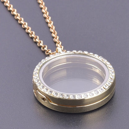 Glass Metal Gold Color Heart Round Water Drop Relicario Photo Locket Necklace Rhinestone Floating Charm O-shaped Chains Necklace