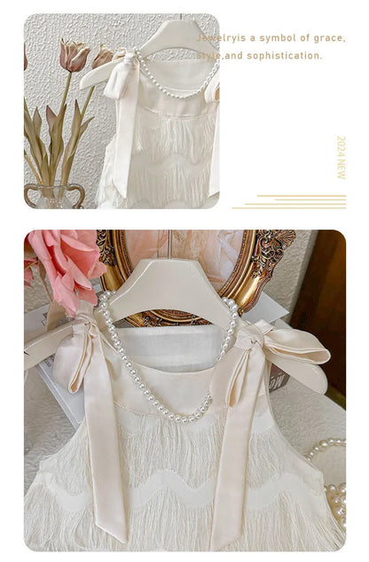 Girls Casual Dresses Fringe Bow Princess Dress Sleeveless Halter Dress for Kids White Princess Dress for Girls 2 To 7 Years