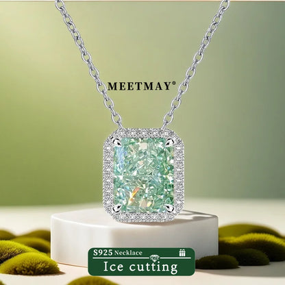 S925 sterling silver plated platinum rectangular mint green sparkle ice cut zircon pendant necklace for women fine jewelry gifts