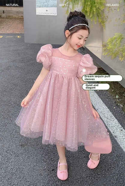2024 Summer New Style Women's Baby Princess Dress Puffy Sleeves Trendy Girls Casual Dresses Woodland Theme Design