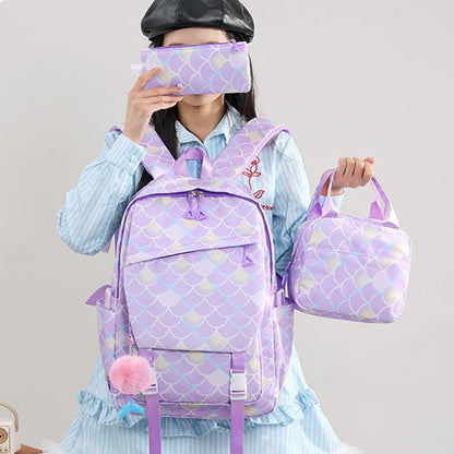 3Pcs Cinnamoroll Fish Scale Kid Backpack With Mermaid Pendant Lunch Girl School Bag Children Schoolbag For Teenage Girls