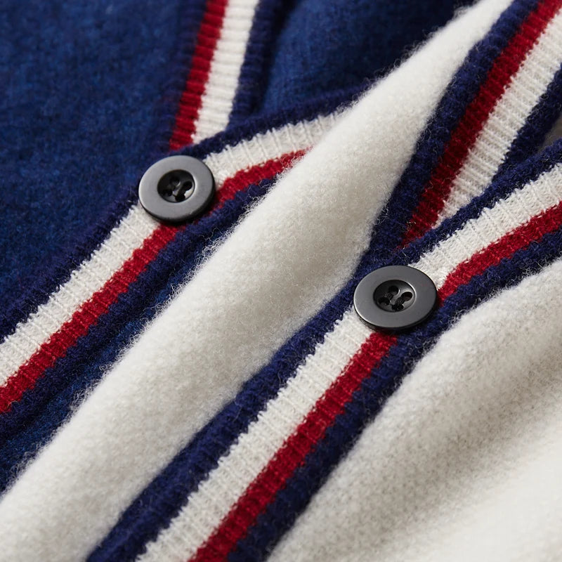 Autumn And Winter New Men's Cashmere Sweater V-Neck Color Contrast Long-Sleeved Cardigan Loose Large Coat 100 Pure Wool Knitting