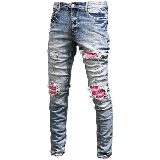 Men's Clothing Autumn and Winter Slim-fit Jeans Ripped Leggings Trendy Brand Cotton Handsome Trousers