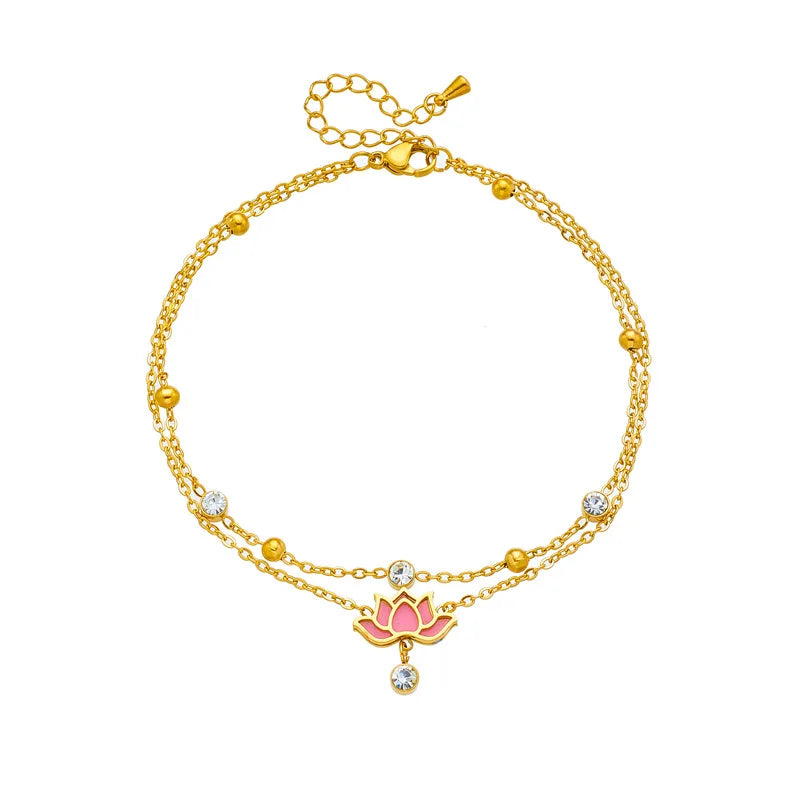 Not Fade Boho Titanium Stainless Steel Lotus Pendant Anklet Beach Vacation Yoga Inspired Stackable Jewelry for Women Party Gift