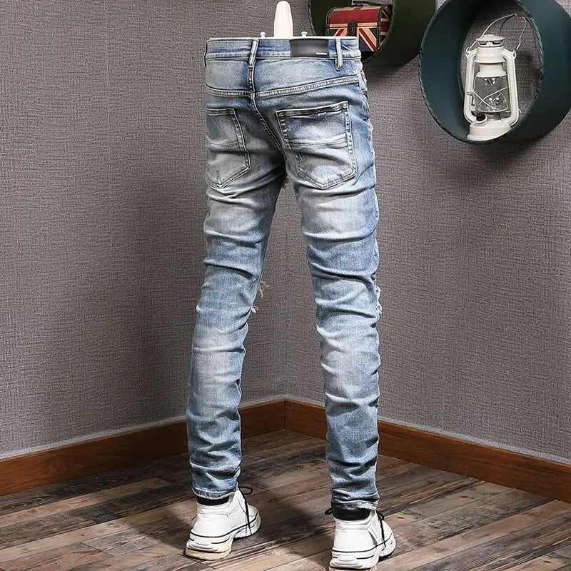 Men's Clothing Autumn and Winter Slim-fit Jeans Ripped Leggings Trendy Brand Cotton Handsome Trousers