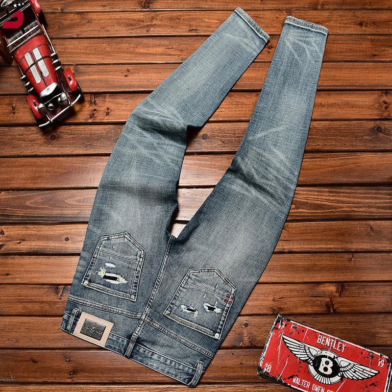 2024 personality Street jeans men's fall slim fit skinny fashion fashion ripped patch scrape denim trousers