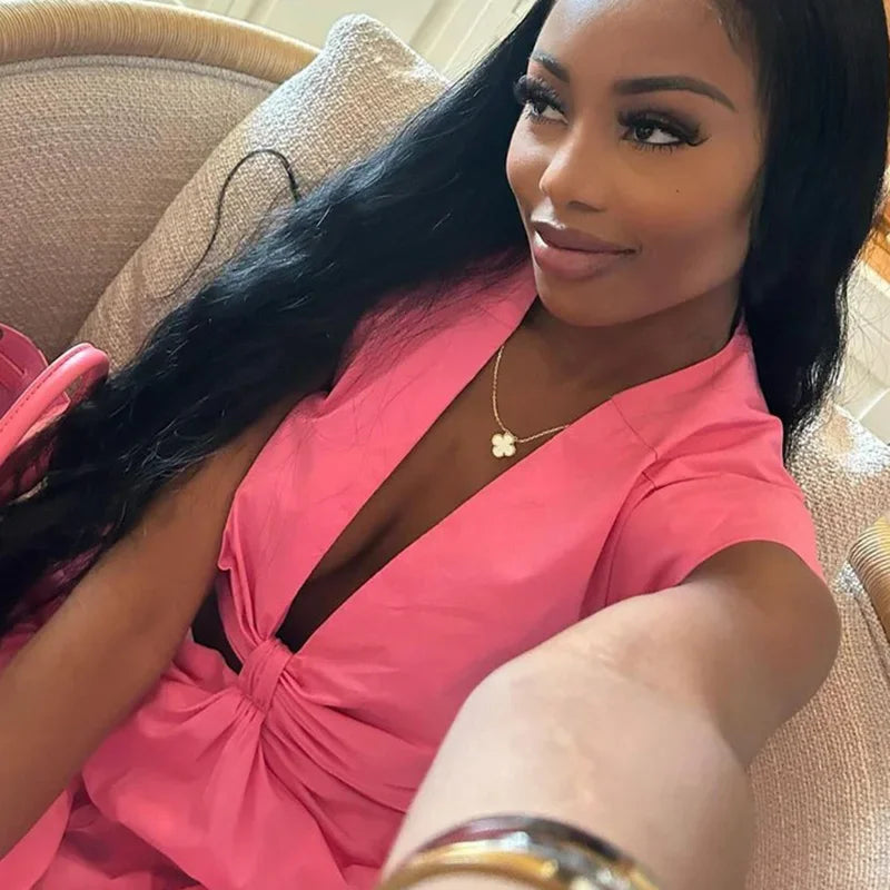 Simple Solid Color Hollow Waist Pleated Dress Elegant Lady Deep V-neck Loose Long Dress Summer Sleeveless Commuting A-line Dress