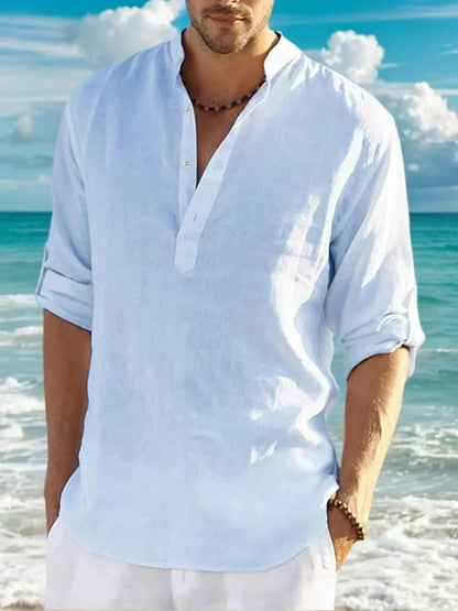 Men'sshirt Classic Casual Stand-up Collar Long-sleeved V-neck Shirt Sleeve Split-sleeved Light Breathable Beach Vacation T-shirt