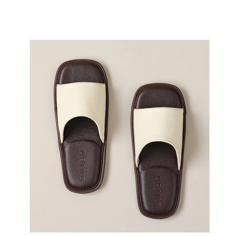 New Genuine Leather Slippers Men Square Open Toe Slides Shoes Home Mute Slippers Man Luxury Top Quality Guest Slipper Cowhide