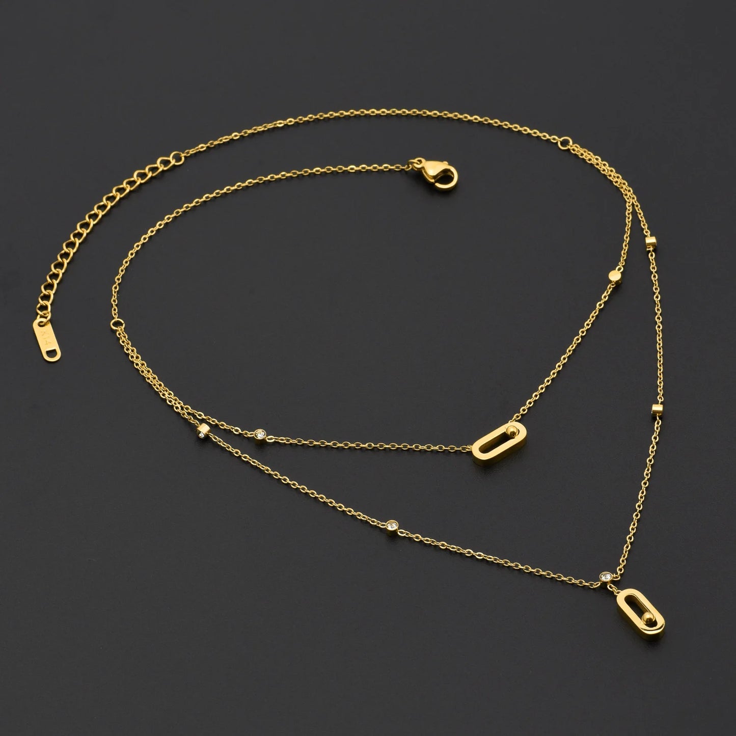 Paperclip Double-Layer Necklace Women With Full Diamonds Rectangular 18K Gold Pendant Long Tassel Clavicle Chain Daily Jewelry