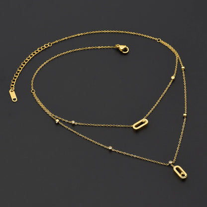 Paperclip Double-Layer Necklace Women With Full Diamonds Rectangular 18K Gold Pendant Long Tassel Clavicle Chain Daily Jewelry