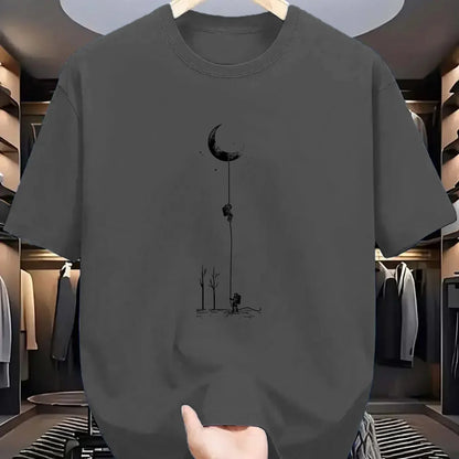 Summer Men's Casual Loose Accessories Plus Size Moon Landing Pattern Printed Round Neck Short Sleeve T-Shirt Top