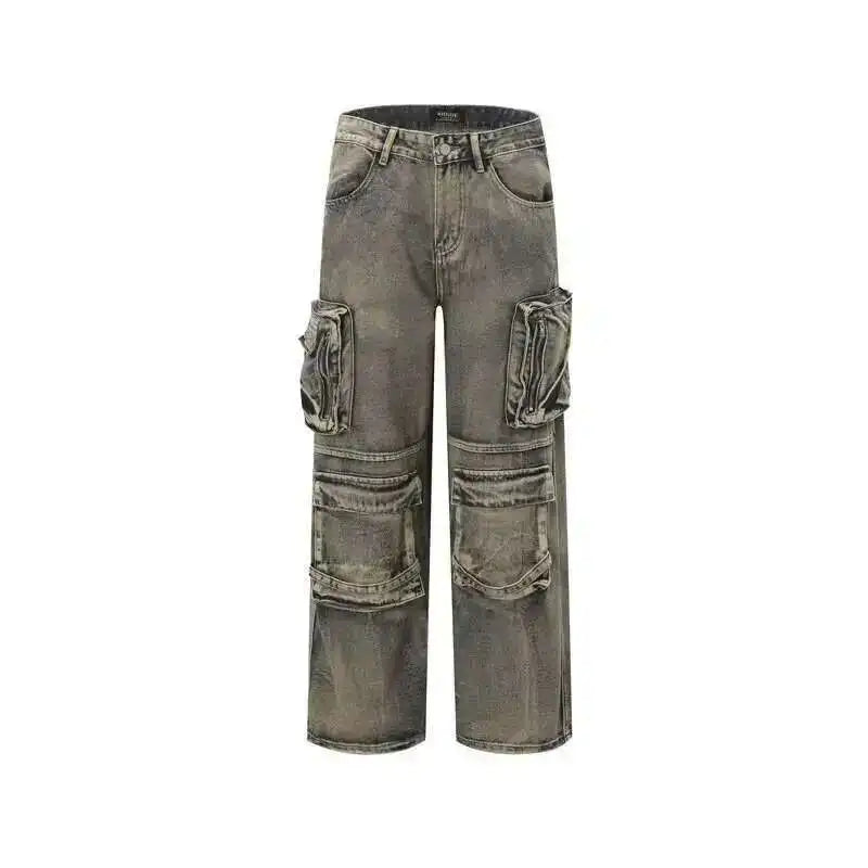 PFNW American Washed Distressed Denim Cargo Pants For Men Multi Pocket Spliced Design Hip-hop Loose Wide Leg Baggy Jeans 28W5622