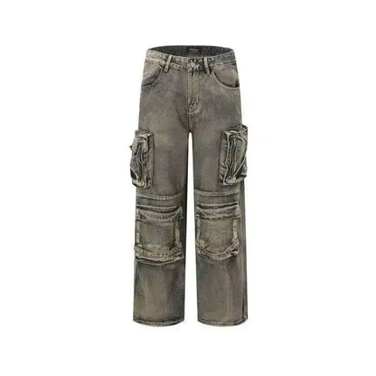 PFNW American Washed Distressed Denim Cargo Pants For Men Multi Pocket Spliced Design Hip-hop Loose Wide Leg Baggy Jeans 28W5622