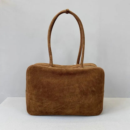 Autumn Winter Retro Suede Cowskin Tote Handbag Women Large Capacity Genuine Leather Armpit Bags Office Lady Single Shoulder Bag