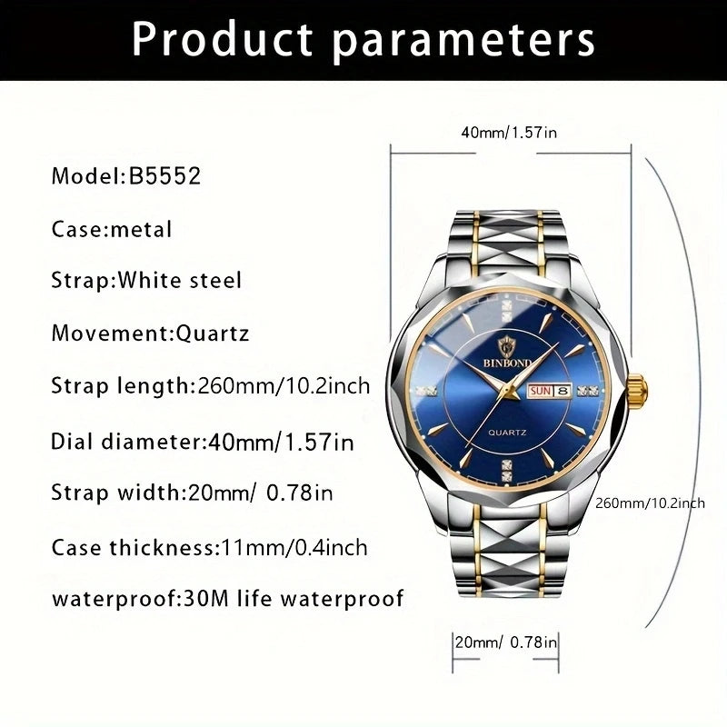 2025 New Watch Diamond Luxury Night Glow Double Calendar Quartz Movement Gold Blue Stainless Steel Fashion Business Man Watch
