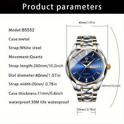 2025 New Watch Diamond Luxury Night Glow Double Calendar Quartz Movement Gold Blue Stainless Steel Fashion Business Man Watch