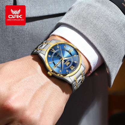 OPK Brand men's steel strap quartz watch dual calendar waterproof night light 6023