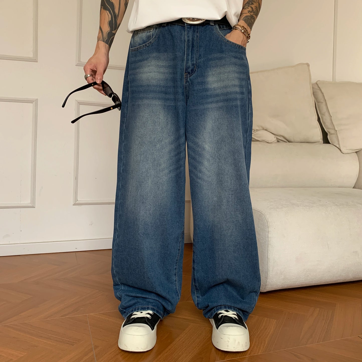 Summer Men's Denim Pants Old Blue Washed Male Baggy Jeans Four Seasons Straight Casual Menwear Loose Wide Leg Trousers Fashion