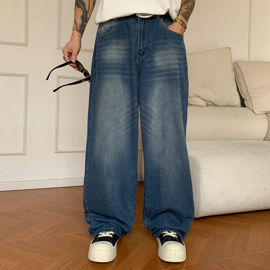 Summer Men's Denim Pants Old Blue Washed Male Baggy Jeans Four Seasons Straight Casual Menwear Loose Wide Leg Trousers Fashion