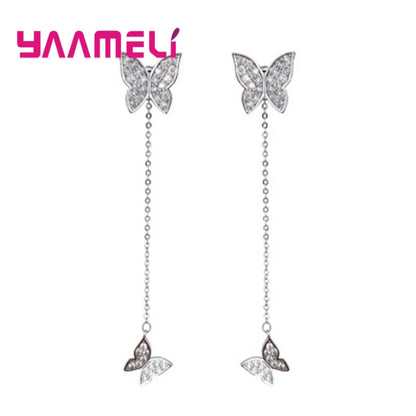 Solid 925 Silver Earring Cute Full Rhinestone Cubic Zircon Inlay Paved Butterfly Thread Pendientes Jewelry for Female Femme Gift