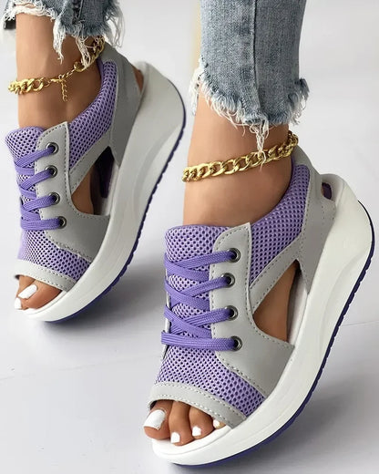Summer Women Sandales  Shoes Casual Flat Peep Toe Contrast Paneled Cutout Lace-up Muffin Sandals Platform Sport Sneakers