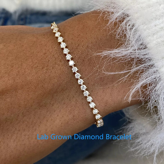 Round Cut Lab Grown Diamond Tennis Bracelet 2.2mm-4mm each DEF VS-VVS 14K Yellow Gold Prong Setting Bracelet For Women