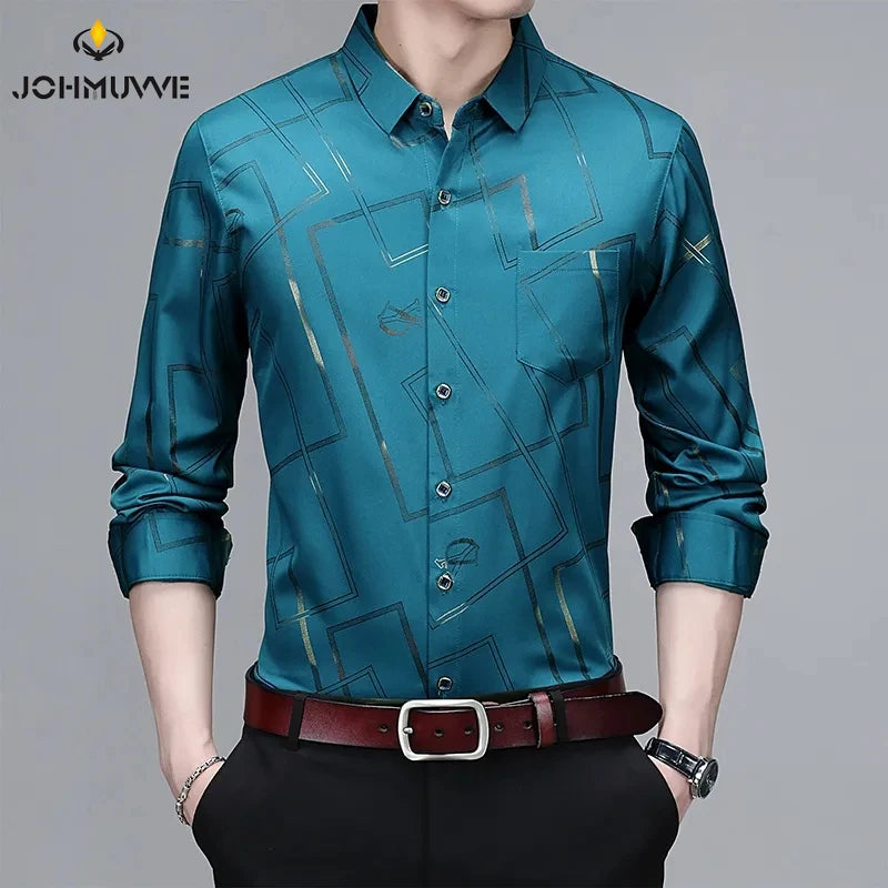 Men's Casual and Fashionable Long Sleeved Printed Shirt Non Ironing and Wrinkle Resistant Business Top