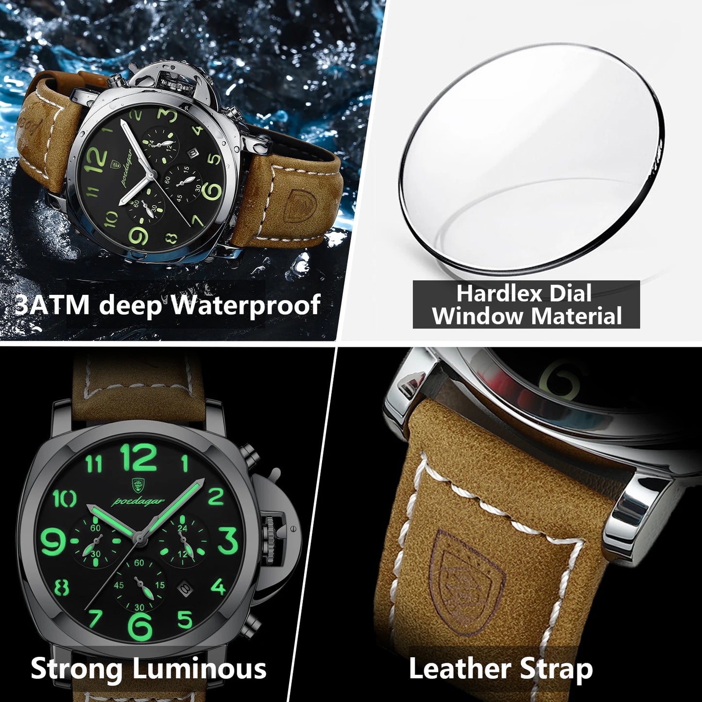 POEDAGAR Fashion Luxury Men Wristwatch Waterproof Luminous Chronograph Date Man Watch Unique Sports Leather Quartz Men's Watches