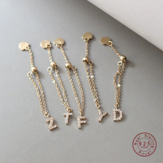 925 Sterling Silver Electroplated 18K Gold Inlaid Zircon Letter Chain Ring for Women Fashionable Simple Adjustable Ring