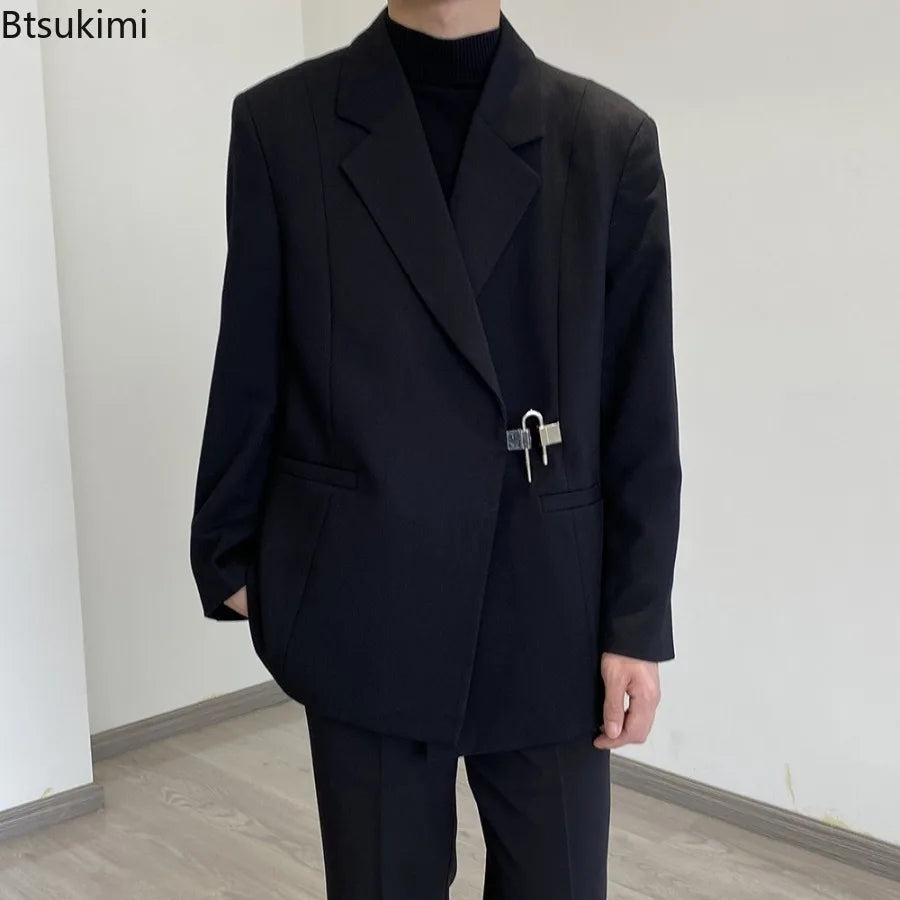 2025 Men's Korean Style Spring Casual Suit Jacekt Metal Buckle Male Loose  Male Solid Color Blazers Harajuku Long Sleeve Coats