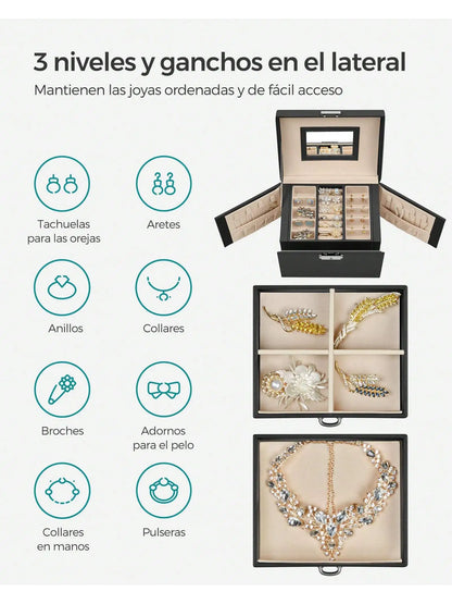 SONGMICS 3-TierJewellery Box,Lockable Organiser with Handle,2 Drawers,Travel Case with Mirror,Jewellery StorageModern Style Gift