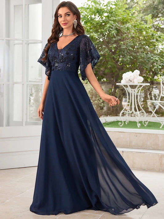 UNITHORSE V-neck Beaded Embroidered Paneling Chiffon Maid of Honor Dance Dress Elegant Bridal Party Gown