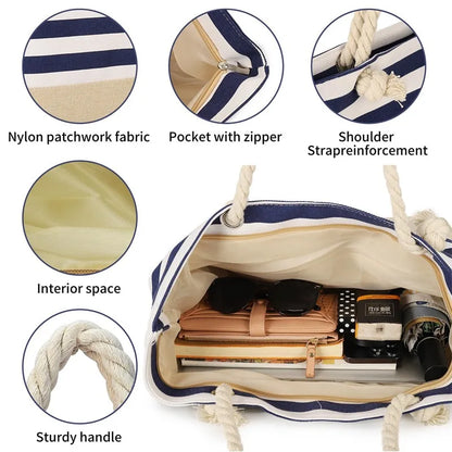 Striped Zipper Outer Bag For Outdoor Travel Vacation Waterproof Canvas Shoulder Bag Convenient Folding Beach Bag Shopping Totes