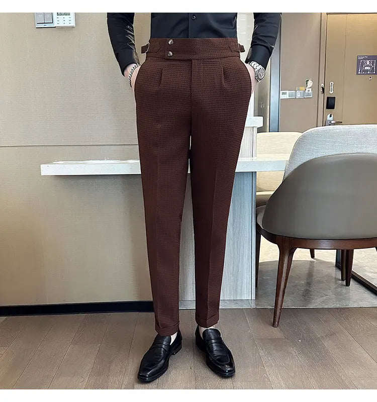 Top Brand Men Fashion Pantalones Hombre High Waist Waffle Business Casual Suit Pants Male Clothing Slim Fit Formal Wear Trousers