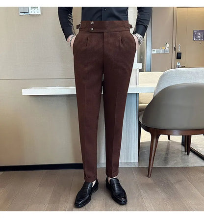 Top Brand Men Fashion Pantalones Hombre High Waist Waffle Business Casual Suit Pants Male Clothing Slim Fit Formal Wear Trousers