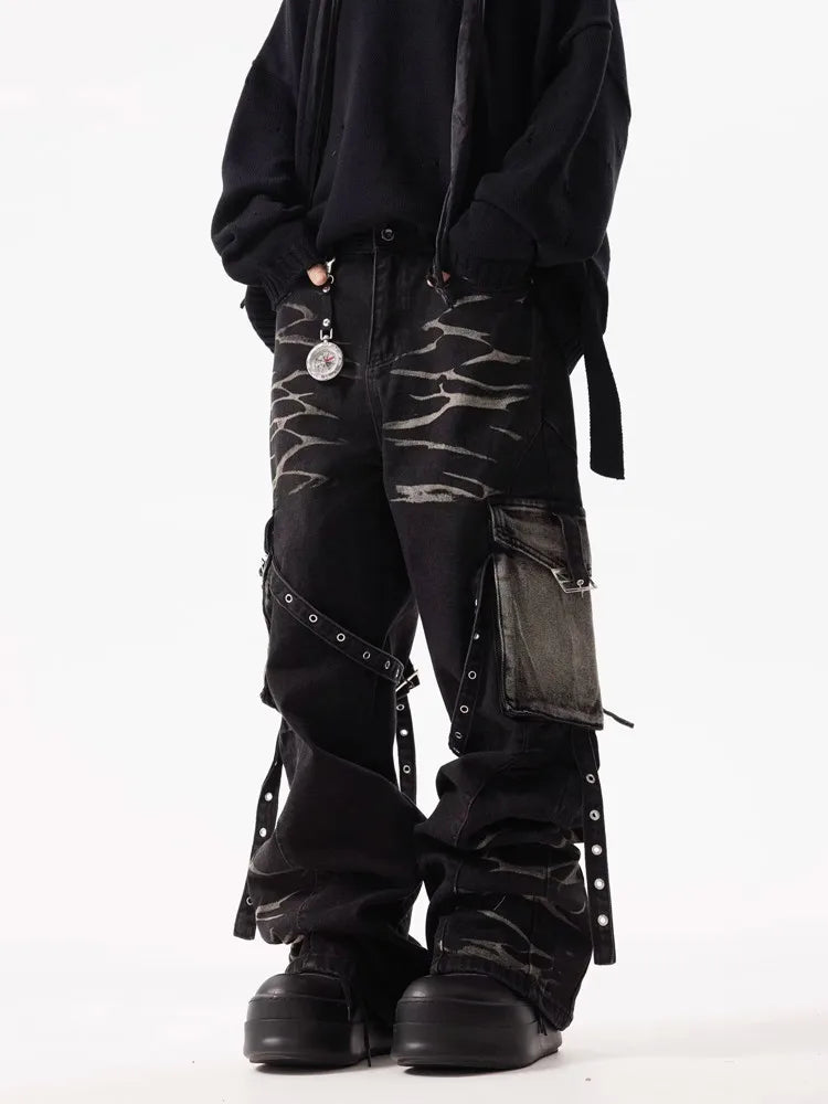 2025 Cyber Y2K Streetwear Ripple Strap Baggy Cargo Jeans Pants For Men Designer Clothes Wide Leg Black Multi Pockets Trousers