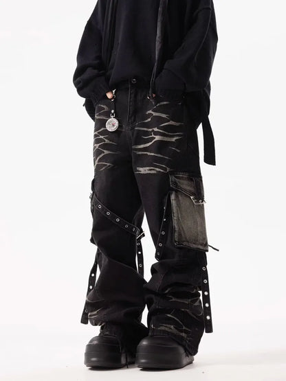 2025 Cyber Y2K Streetwear Ripple Strap Baggy Cargo Jeans Pants For Men Designer Clothes Wide Leg Black Multi Pockets Trousers