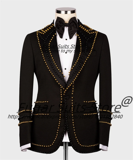 High-end Beadwork Men Suits Customized Slim Fit Peak Lapel Groom Wedding Tuxedos 3 Pieces Sets Male party Blazers Ropa Hombre