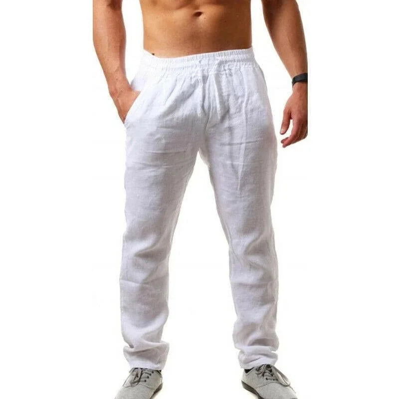 Pantalones largos de lino y algodón para hombre calzas transpirables de Color sólido informales con cintura elástica estilo