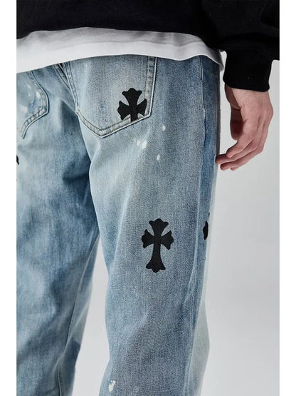 European and American high street cross horn jeans men's hip-hop casual retro trend brand straight tube loose long pants trend