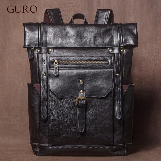 GURO High Quality Genuine Leather Backpack Men Weekend Retro Travel Bag Top Cowhide Luxury Laptop Bag Outdoor Tactical Backpacks