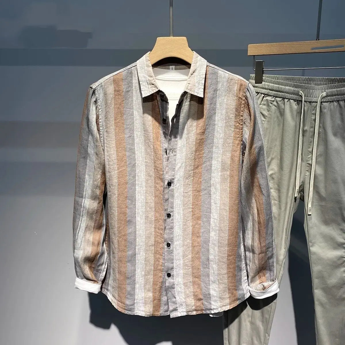 Autumn Striped Contrast Color Long Sleeve Shirt Men Breathable Loose Casual Retro Linen Shirt