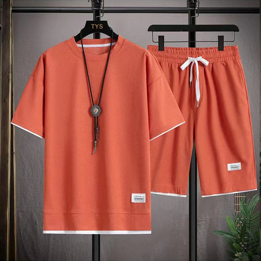 Men's Two Piece Set Linen Fabric Casual T-Shirt And Shorts Set Mens Sports Suit Summer Fashion Short Sleeve Tracksuit Men Suits