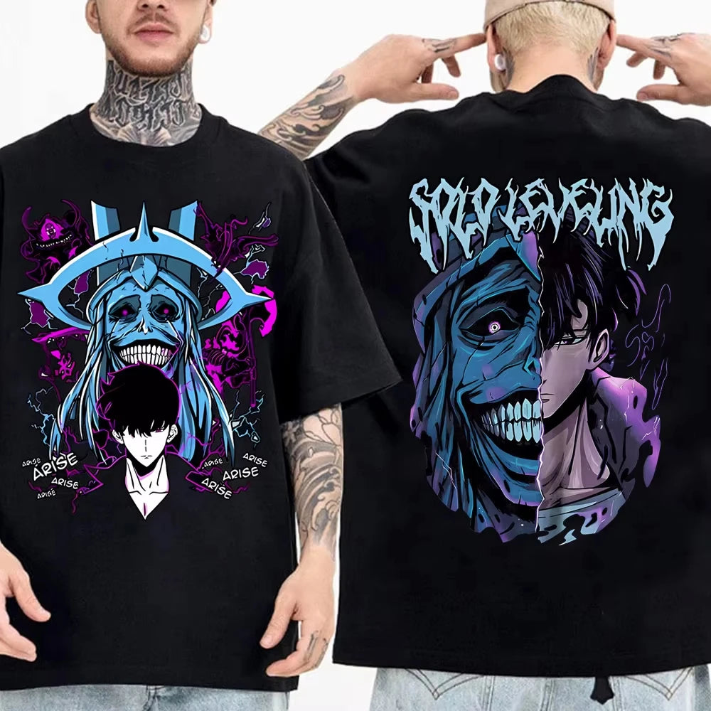 Japanese Anime Solo Leveling Kid T Shirt Sung Jinwoo Cartoon Tees Harajuku Women Short Sleeve High Quality Men Cotton Tshirt